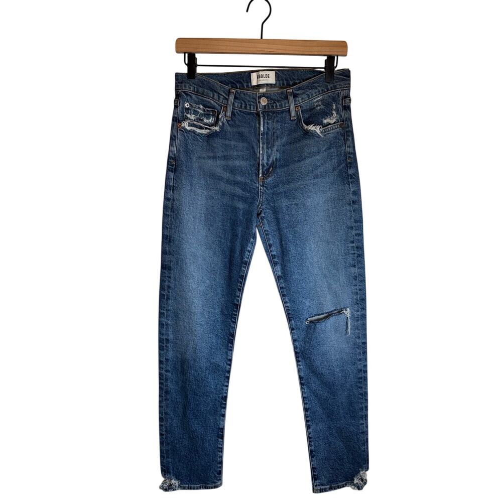 AGOLDE Women's Disteessed High Rise Blue Denim Boyfriend Jeans Classic Fit 27
